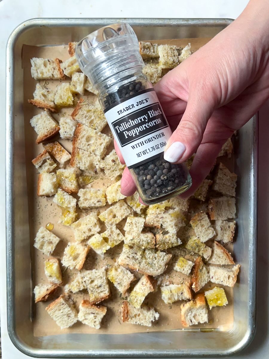 Vegetable stuffing casserole, oss with olive oil, Italian seasoning, salt, and pepper.