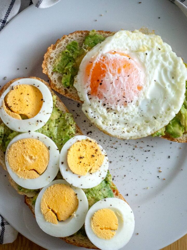 Avocado Egg Toast Served with Boiled Egg and Fried Egg.