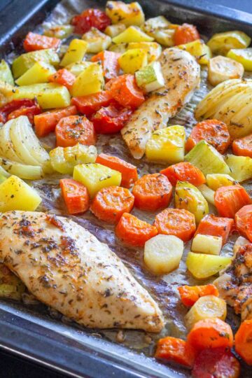Mediterranean Sheet Pan Chicken and Vegetables.