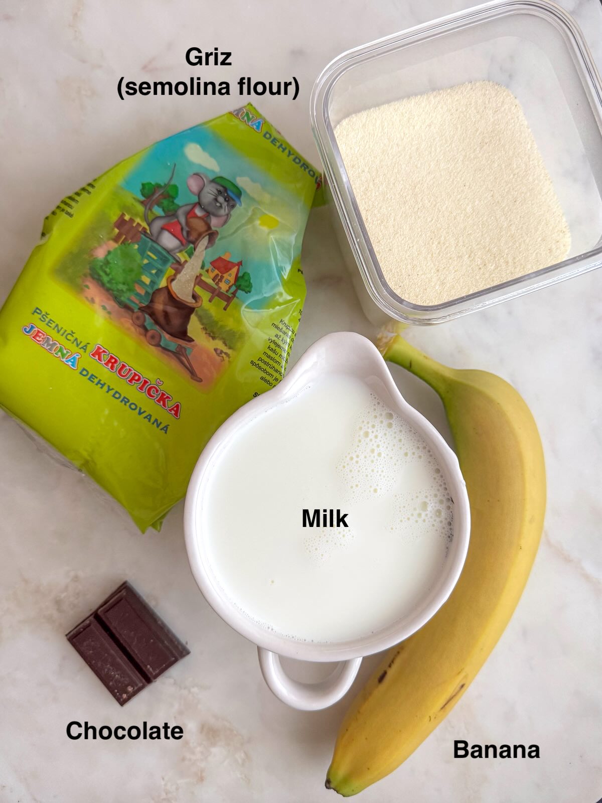 Griz sa mlekom made with banana instead of sugar, ingredients.