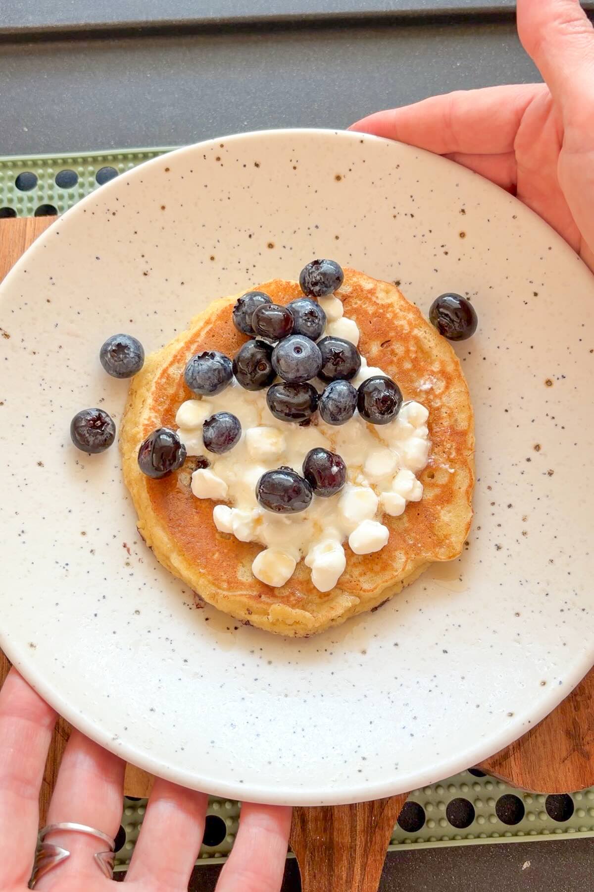 Gluten-Free Pancakes Served with Cottage Cheese and Blueberries